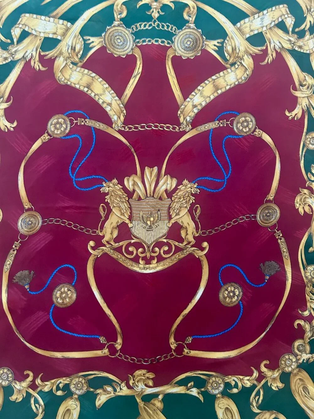 Hermes Red, Green & Gold Equestrian Motif Silk Scarf
